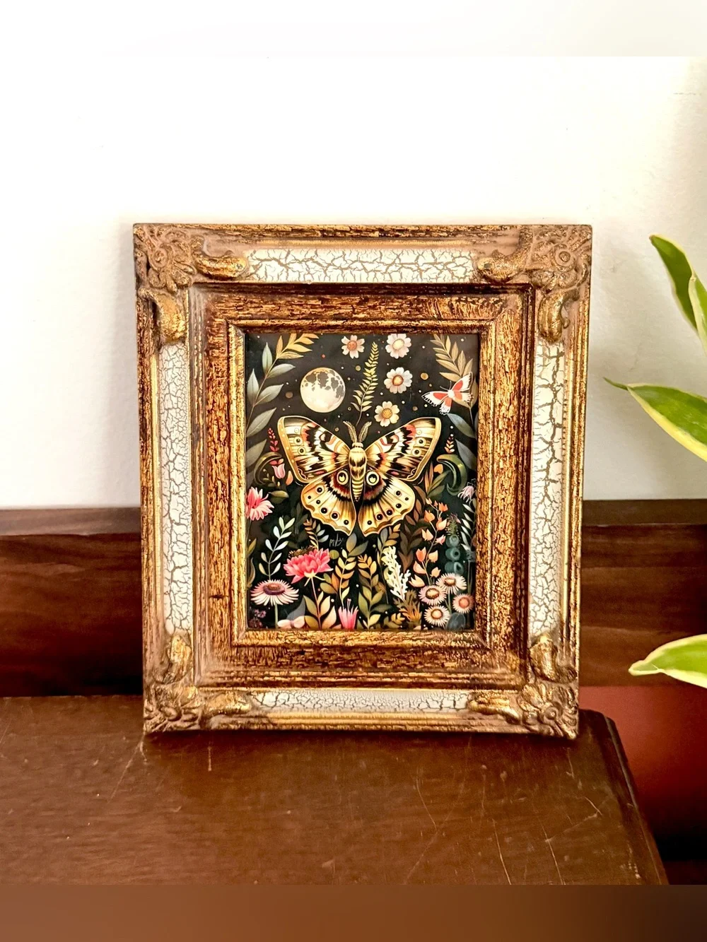 Vintage Botanical Moth & Moon Framed Art Ornate Gold Crackle Frame Cottagecore